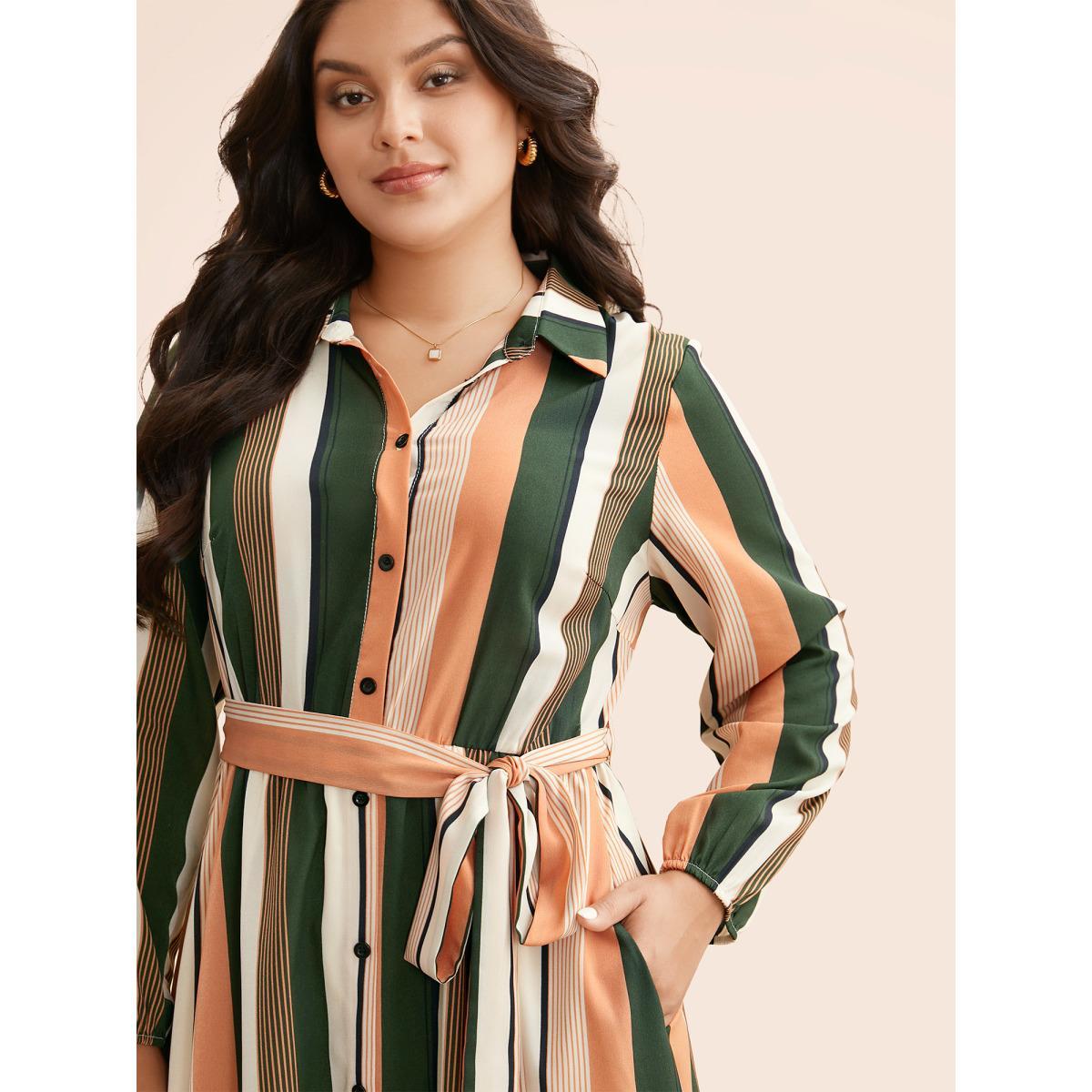 Plus Size Contrast Striped Belted Midi Dress Multicolor Women At the Office Belted Shirt collar Long Sleeve Curvy BloomChic 26/4X Product Image