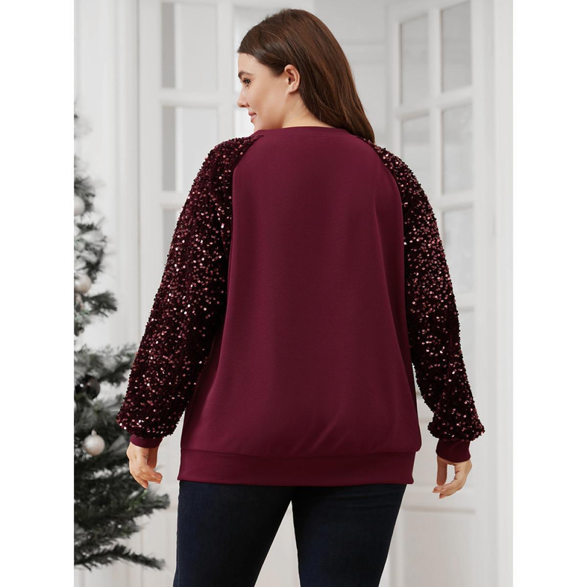 Plus Size Solid Patchwork Cut Out Sequin Sweatshirt Women Scarlet Party Patchwork Keyhole Cut-Out Going out Sweatshirts BloomChic 10/M Product Image