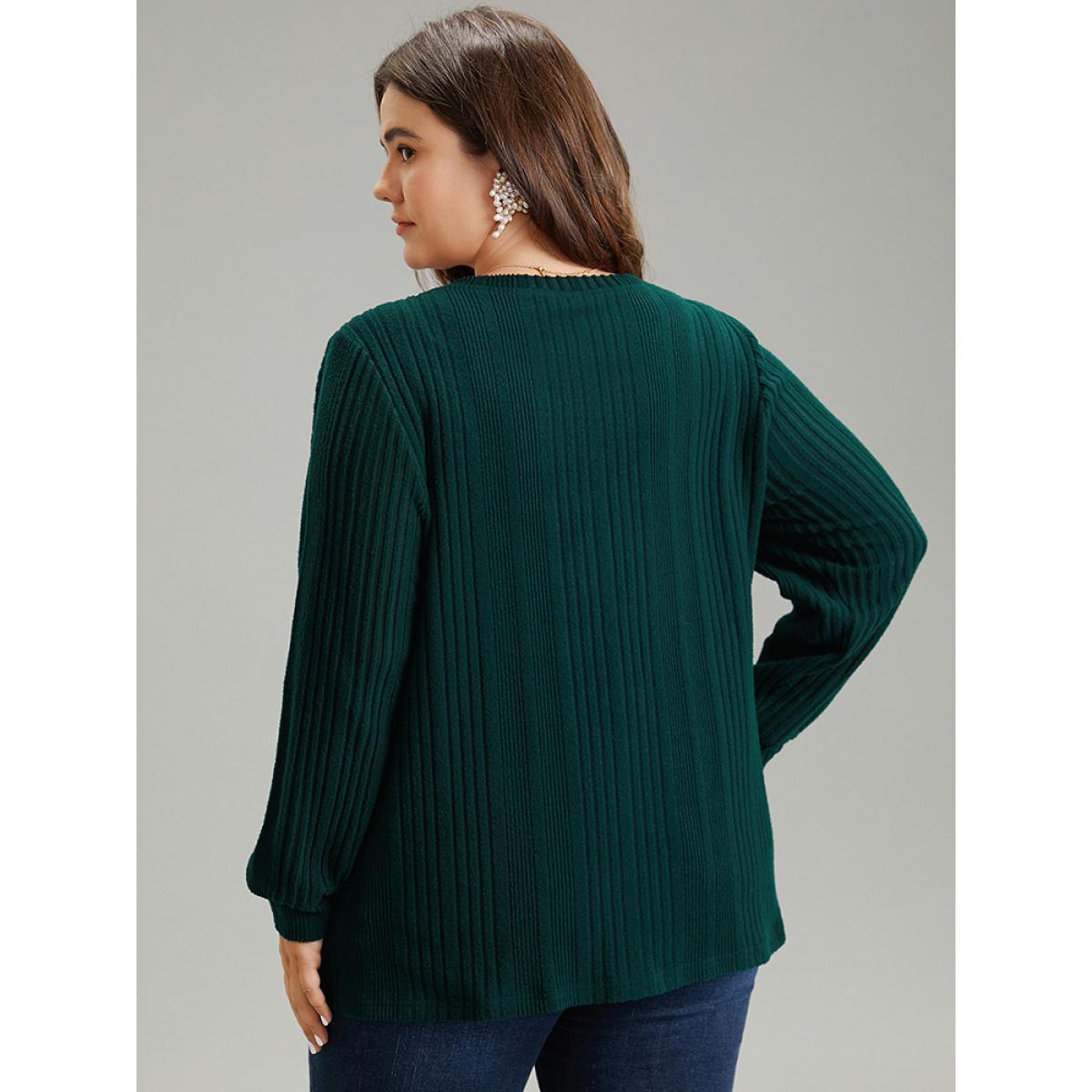 Plus Size Plain Rib Knit Pearl Beaded Sweatshirt Women DarkGreen Elegant Texture Round Neck Dailywear Sweatshirts BloomChic 28/5X Product Image