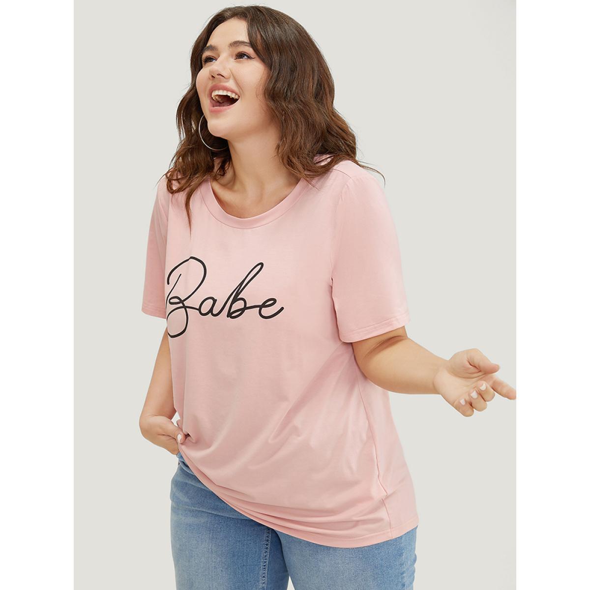 Plus Size Letter Print Slightly Stretchy Short Sleeve T-shirt MistyRose Women Casual Graphic Dailywear T-shirts BloomChic 10/M Product Image