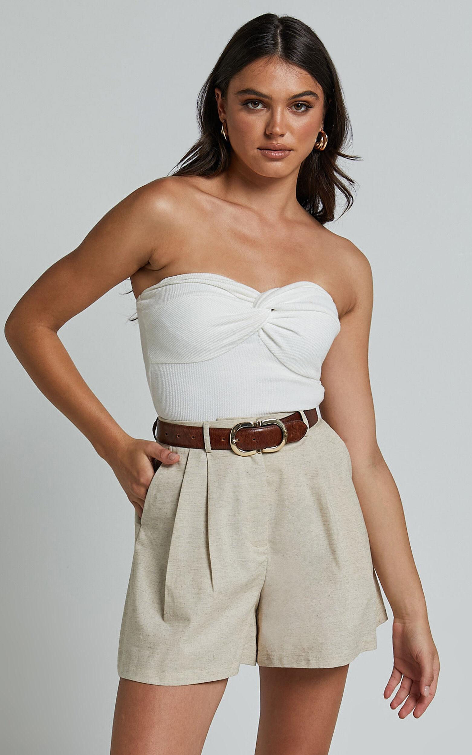 Ali Linen Blend Shorts - High Waisted Cuffed Shorts in Natural Product Image