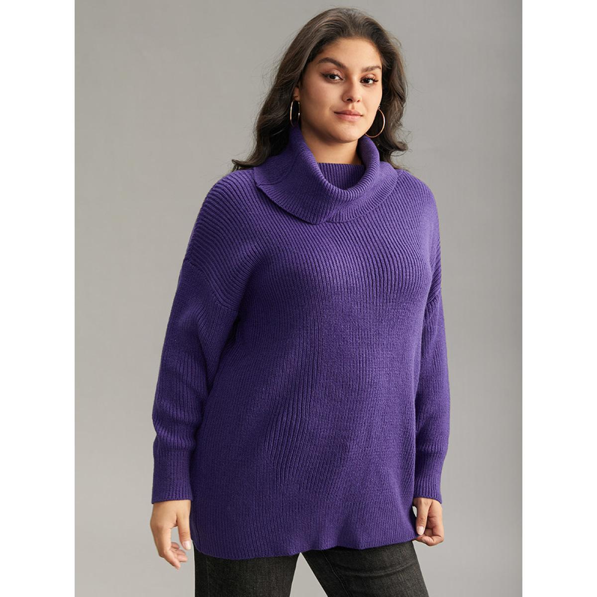 Plus Size Plain Turtleneck Texture Elastic Cuffs Pullover BlueViolet Women Casual Loose Long Sleeve Turtleneck Dailywear Pullovers BloomChic 12/L Product Image