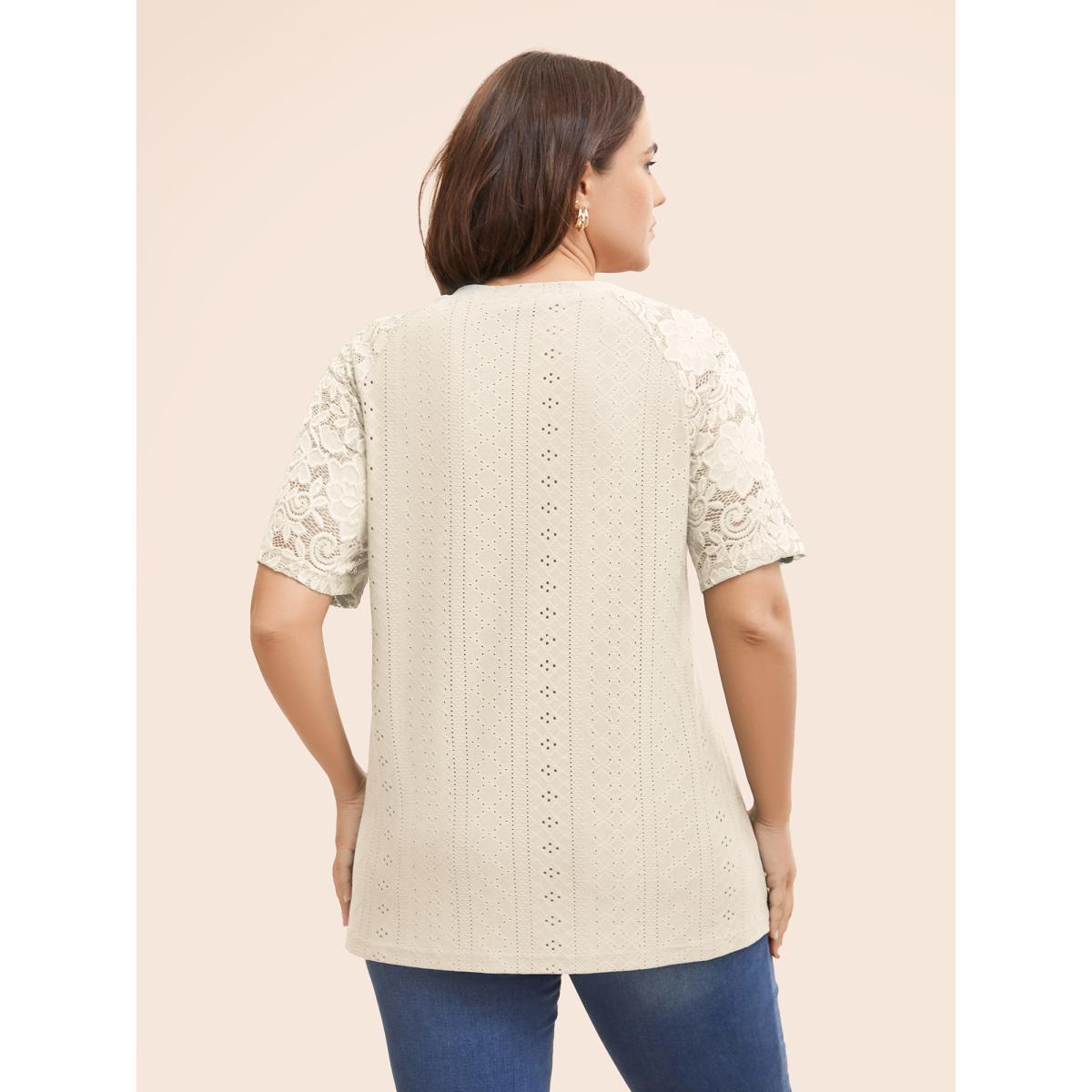 Plus Size Solid Broderie Anglaise Lace Raglan Sleeve T-shirt Beige Women Elegant See through Plain Round Neck Everyday T-shirts BloomChic 14-16/1X Product Image
