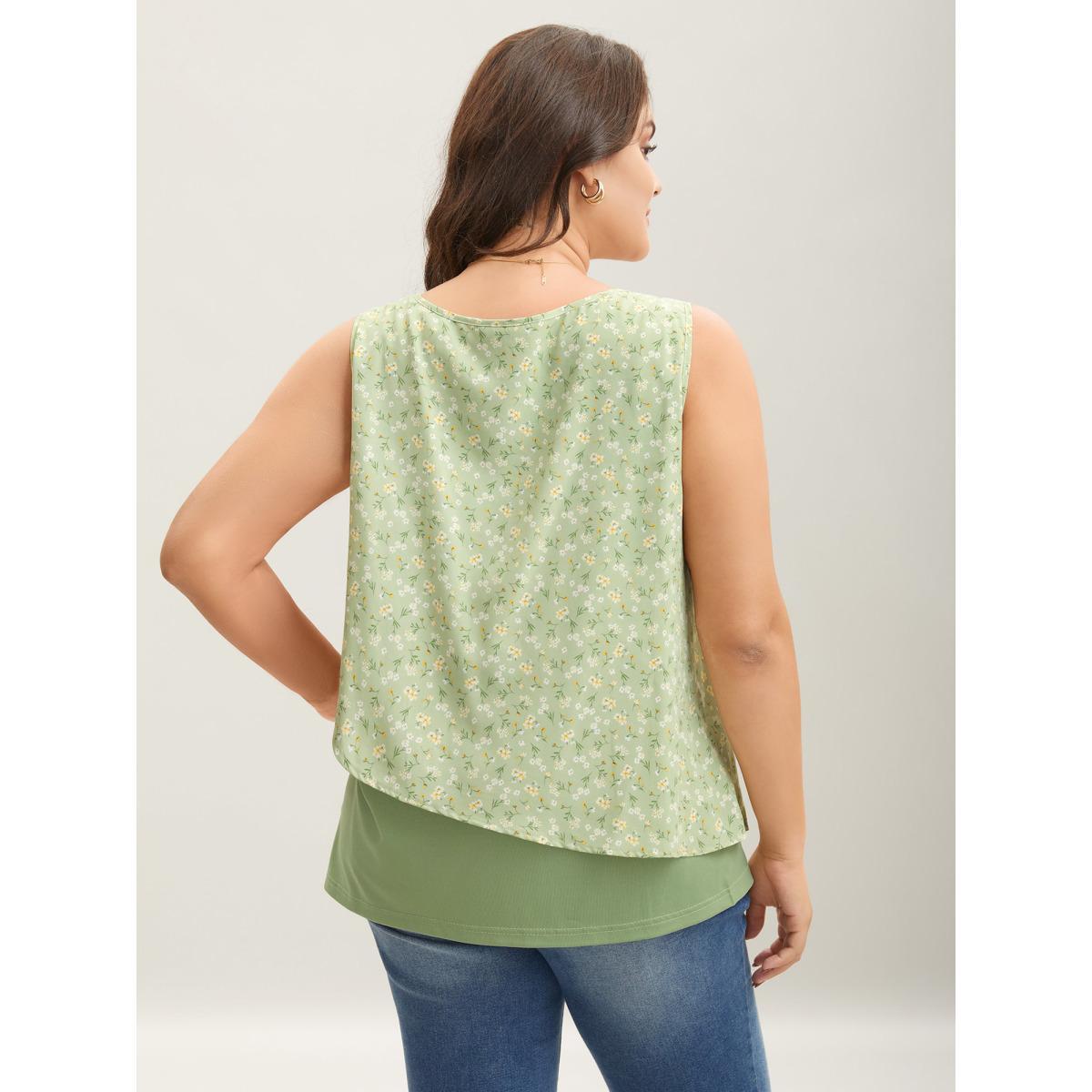 Plus Size Spring Break Printed Layered Sleeveless Top Women Greenbean Elegant Contrast U-neck Everyday Tank Tops Camis BloomChic 30/6X Product Image