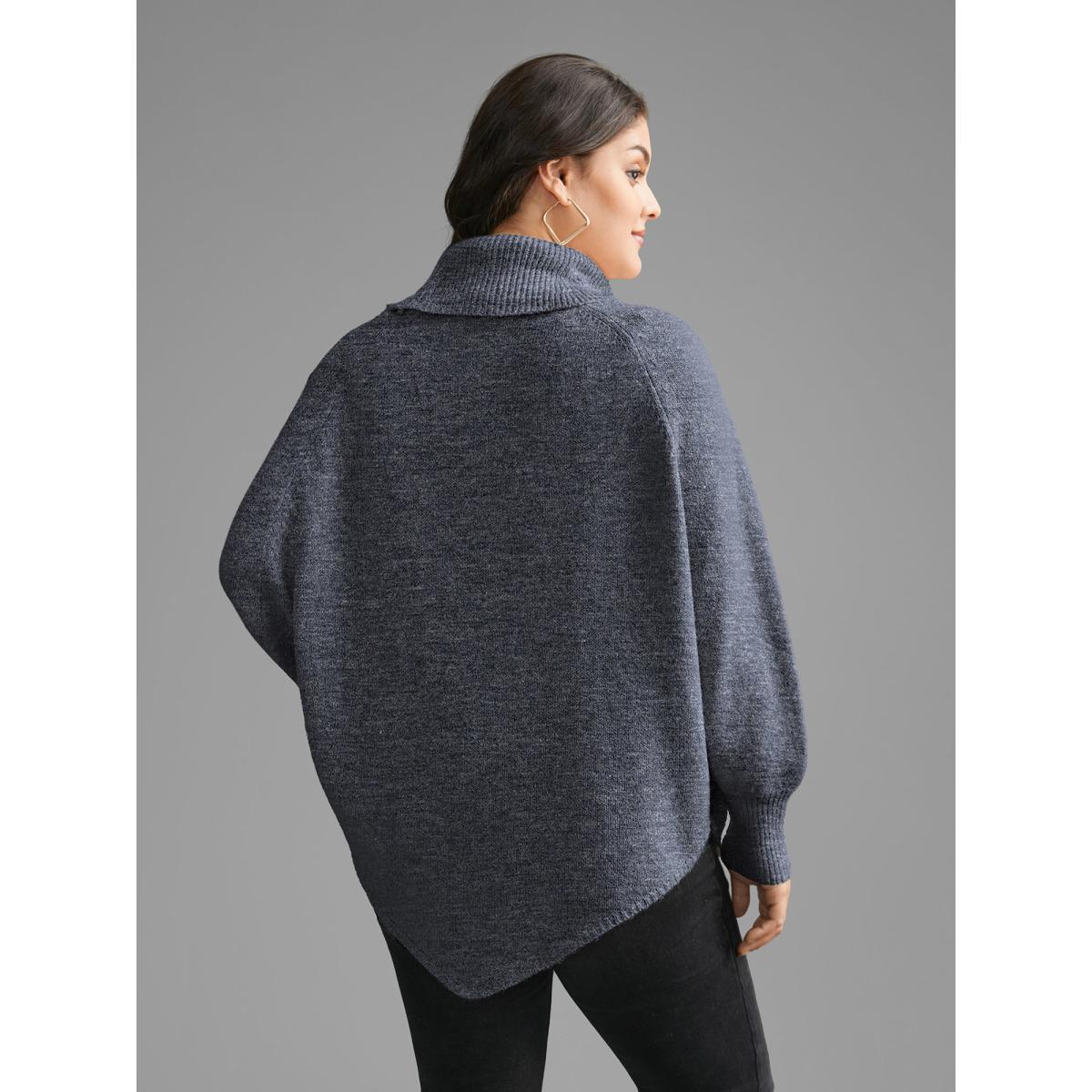 Plus Size Turtleneck Cable Knit Asymmetrical Hem Pullover Stone Women Casual Loose Long Sleeve Ruffled collar Everyday Pullovers BloomChic 14-16/1X Product Image