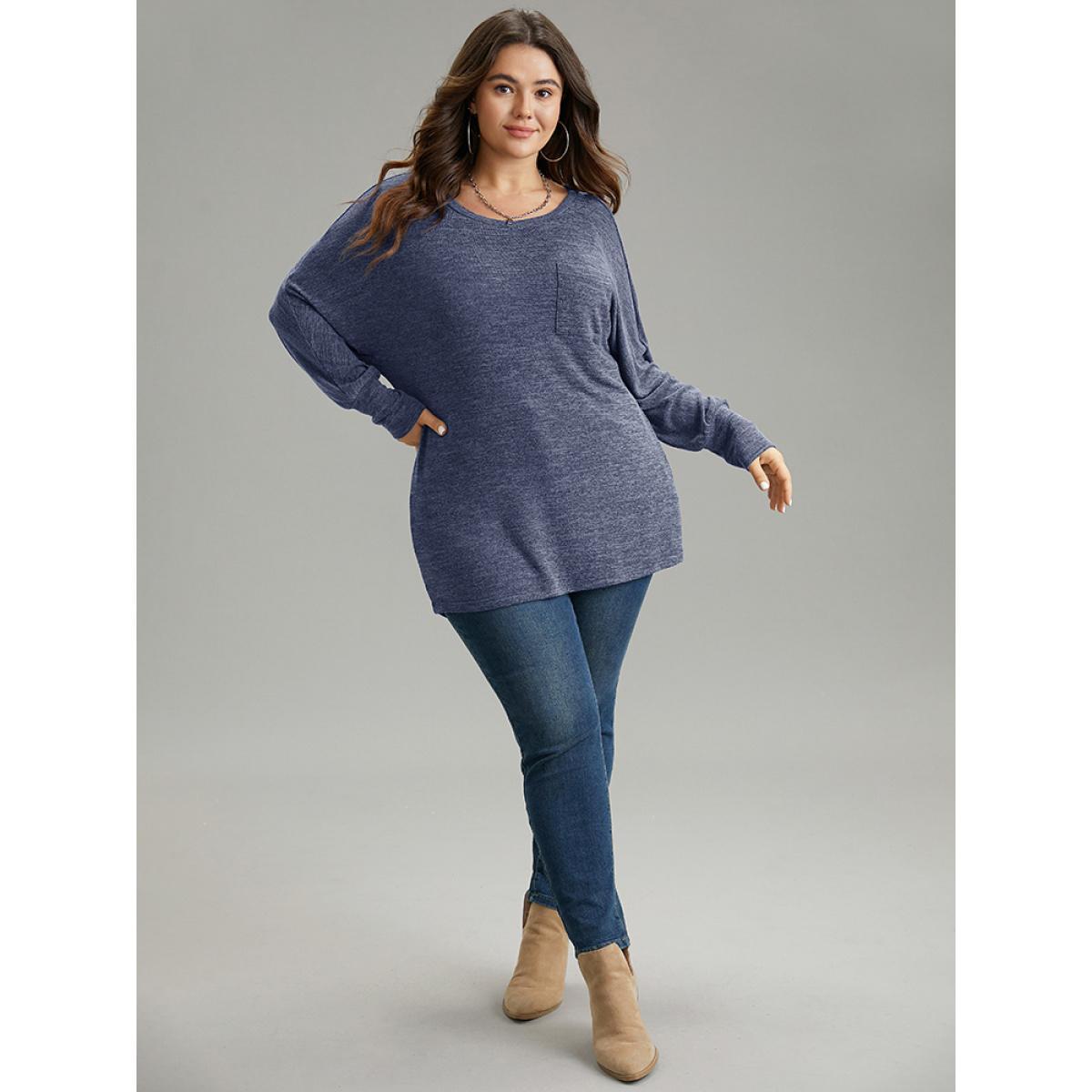 Plus Size Plain Heather Patched Pocket Dolman Sleeve T-shirt Blue Women Casual Plain Plain Round Neck Dailywear T-shirts BloomChic 12/L Product Image