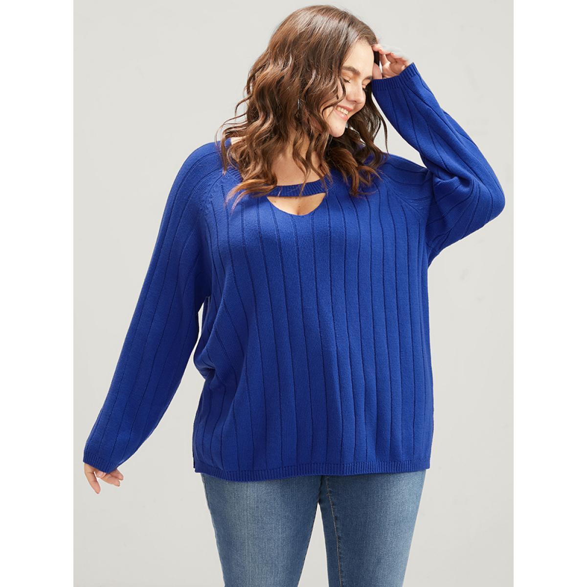 Plus Size Solid Pointelle Knit Cut Out Split Hem Rib Knit Top Aegean Women Elegant Loose Long Sleeve Dailywear Pullovers BloomChic 26/4X Product Image