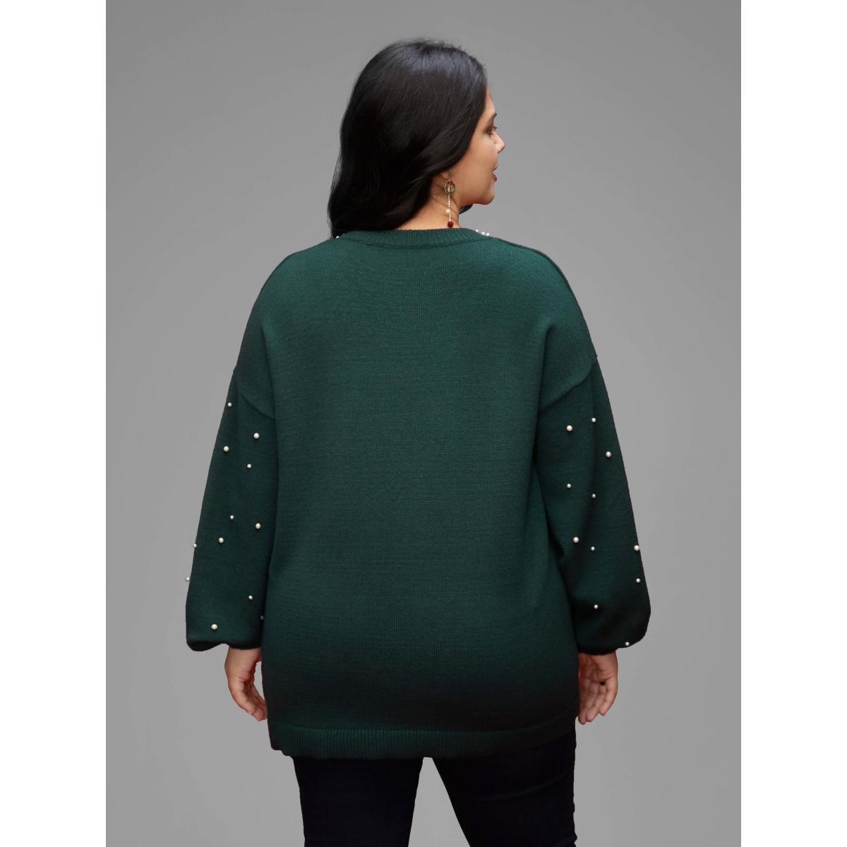 Plus Size Supersoft Essentials Beaded Neckline Drop-Shoulder Pullover DarkGreen Women Casual Loose Long Sleeve Round Neck Everyday Pullovers BloomChic 14-16/1X Product Image
