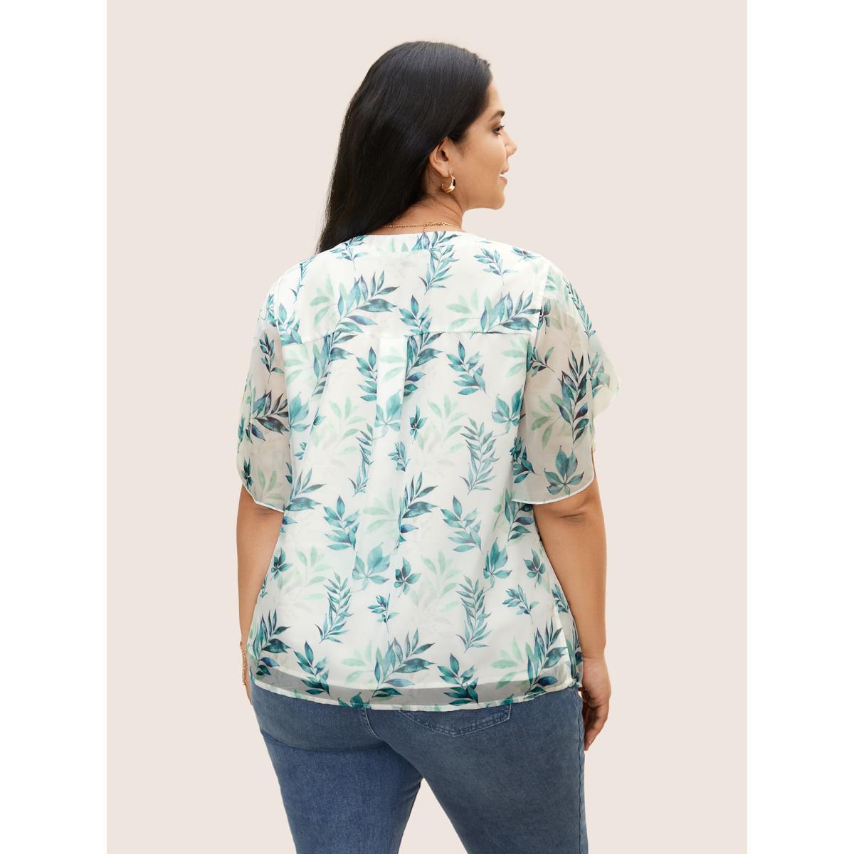 Plus Size Emerald Chiffon Tropical Print Petal Sleeve Blouse Women Elegant Half Sleeve Flat collar with V-notch Everyday Blouses BloomChic 14-16/1X Product Image