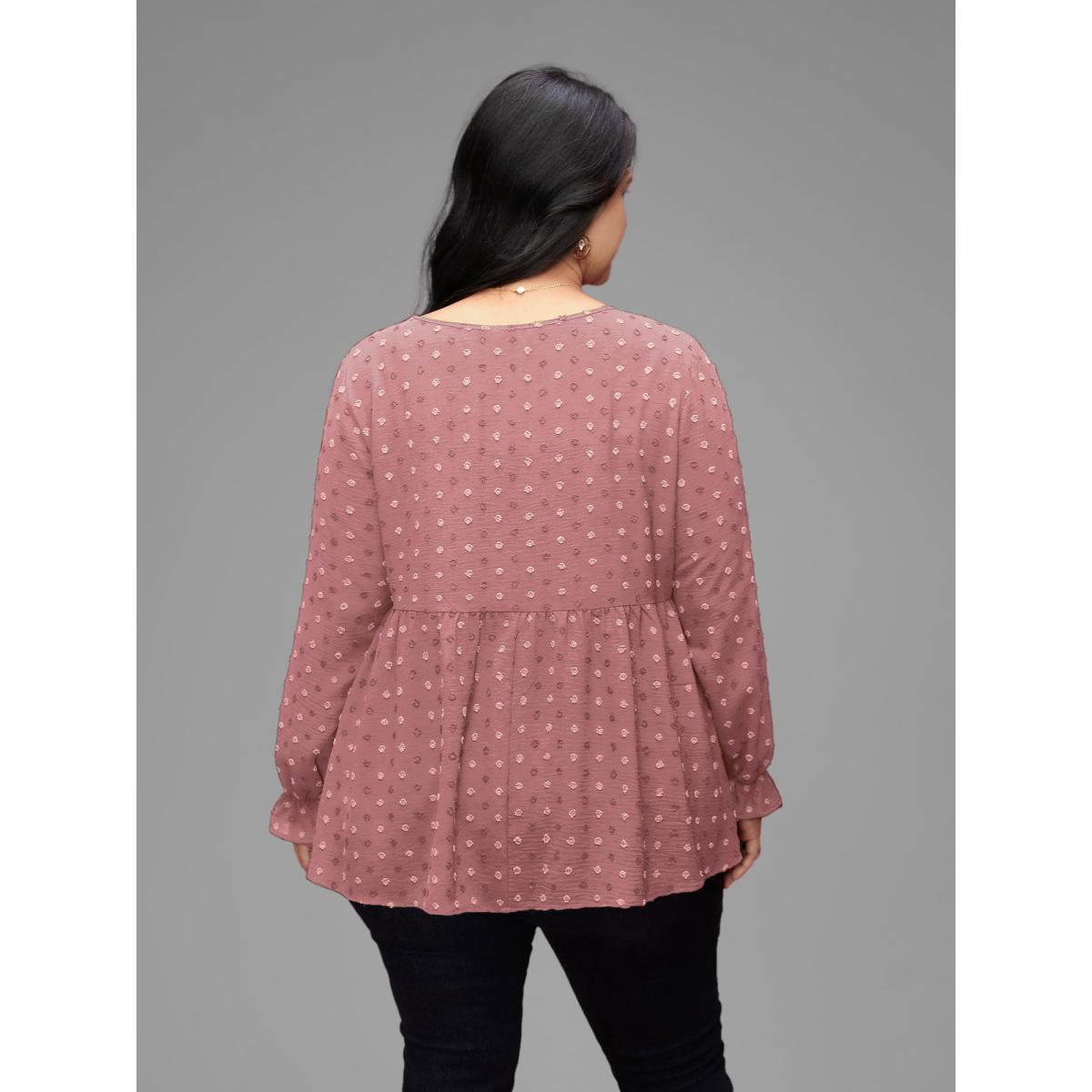 Plus Size Rouge Textured Dot Elastic Cuffs A-line Blouse Women Casual Long Sleeve Round Neck Everyday Blouses BloomChic 14-16/1X Product Image