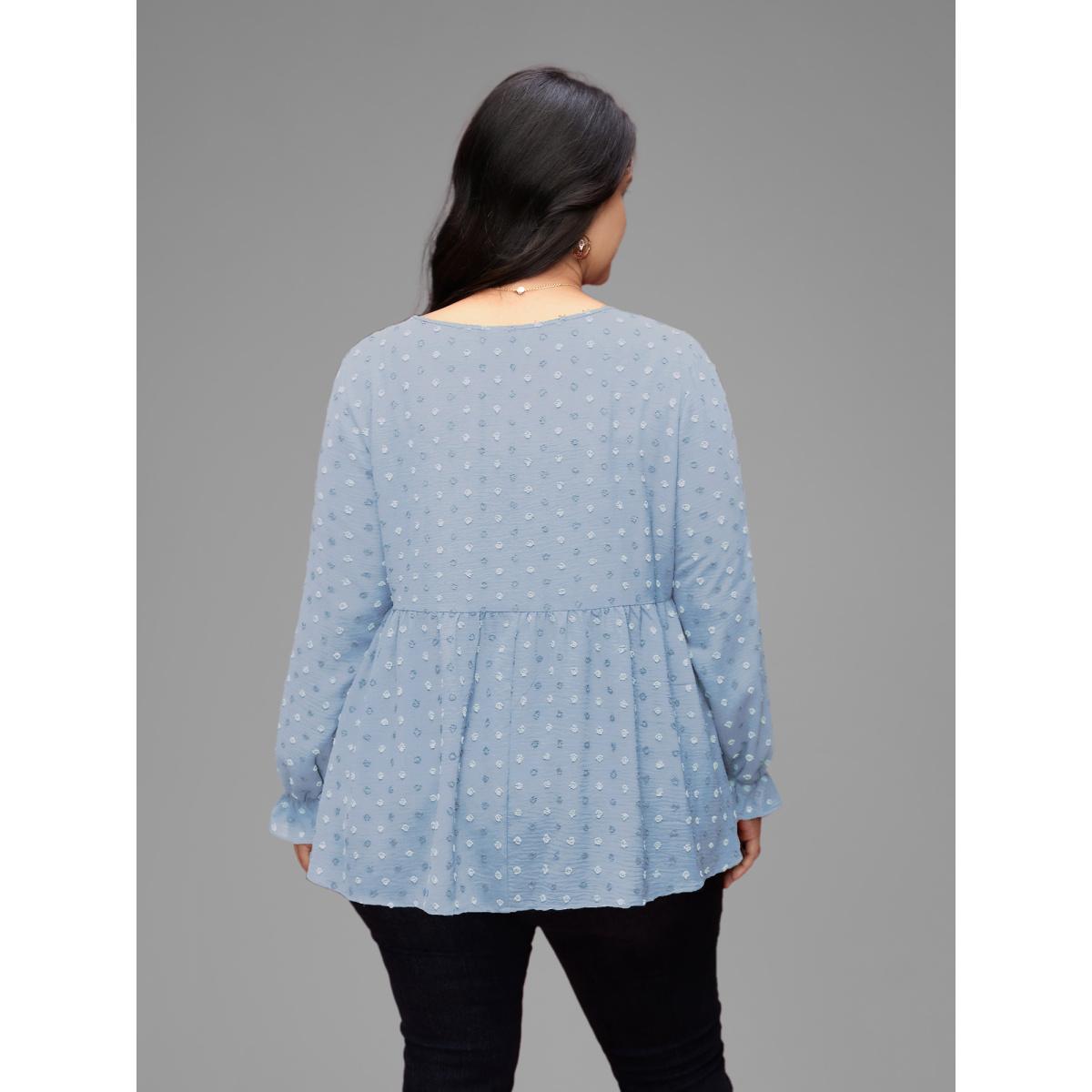 Plus Size LightBlue Textured Dot Elastic Cuffs A-line Blouse Women Casual Long Sleeve Round Neck Everyday Blouses BloomChic 28/5X Product Image