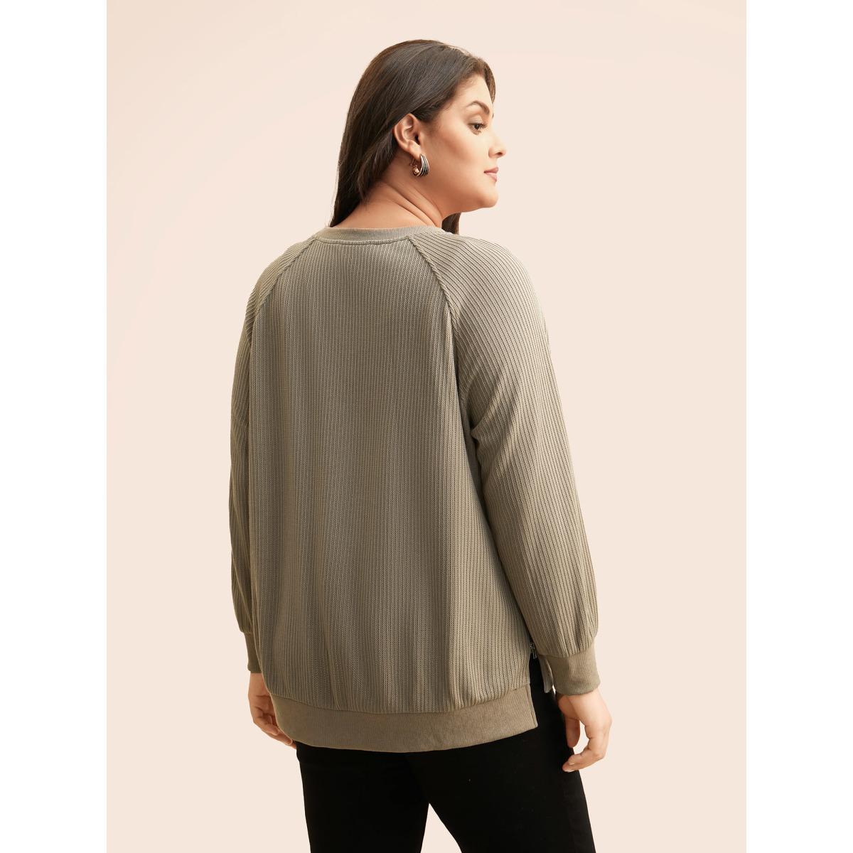 Plus Size Crew Neck Zipper Detail Raglan Sleeve Sweatshirt Women LightBrown Casual Texture Loose Round Neck Everyday Sweatshirts BloomChic 30/6X Product Image