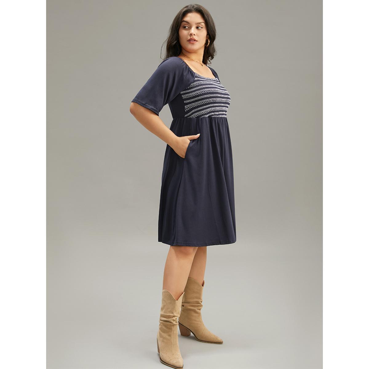Plus Size Supersoft Essentials Striped Patchwork Pocket Gathered Square Neck Dress Indigo Women Casual Gathered Square Neck Short sleeve Curvy Midi Dress BloomChic 12/L Product Image