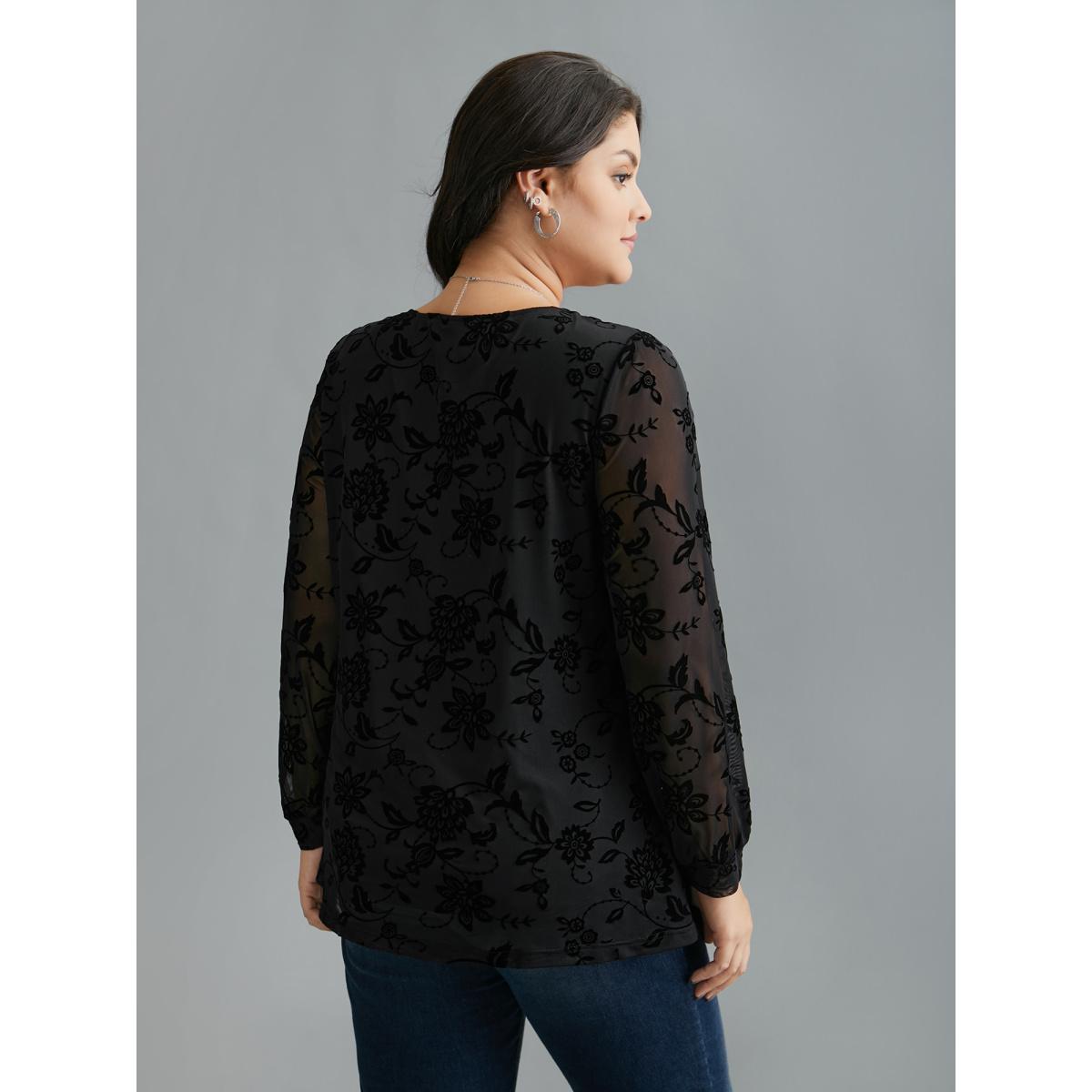 Plus Size Black Floral Flocking Sheer Sleeve Lined Knit Top Women Elegant Long Sleeve Round Neck Everyday Blouses BloomChic 28/5X Product Image