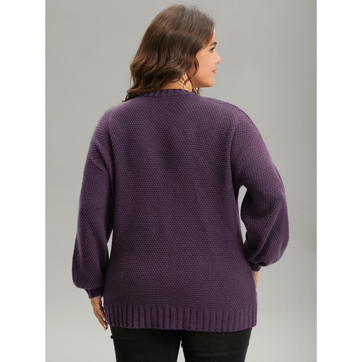 Plus Size Solid Cable Knit V Neck Elastic Cuffs Pullover Eggplant Women Casual Loose Long Sleeve V-neck Everyday Pullovers BloomChic 18-20/2X Product Image