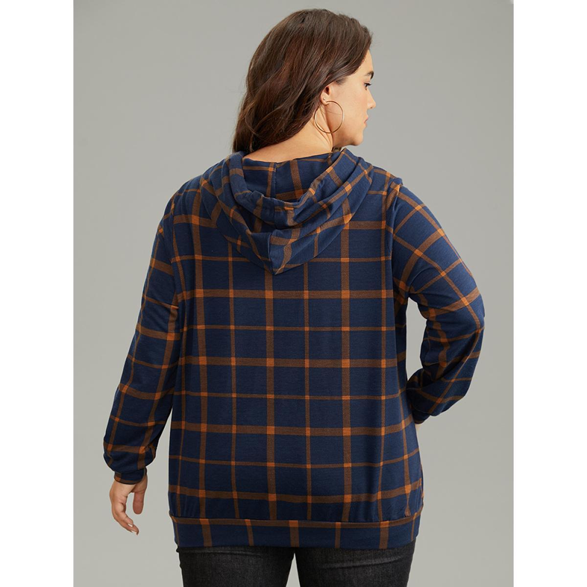 Plus Size Contrast Plaid Hooded Drawstring Sweatshirt Women DarkBlue Casual Contrast Hooded Dailywear Sweatshirts BloomChic 10/M Product Image