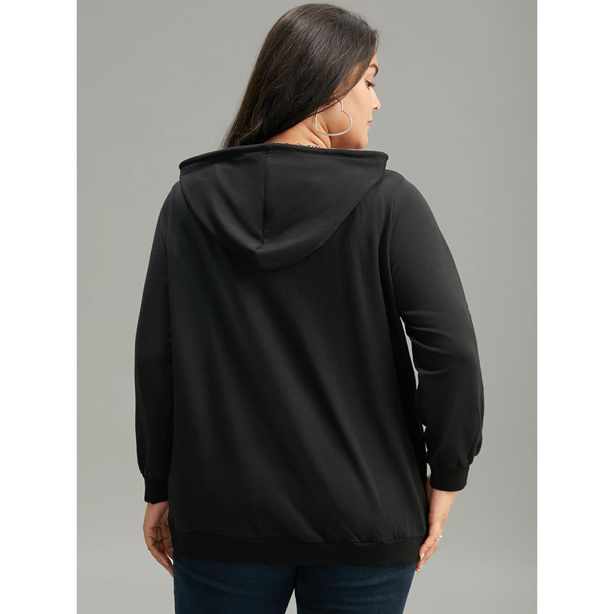 Plus Size Halloween Print Rhinestone Drawstring Hooded Zipper Sweatshirt Women Black Casual Rhinestone detailing Hooded Festival-Halloween Sweatshirts BloomChic 14-16/1X Product Image