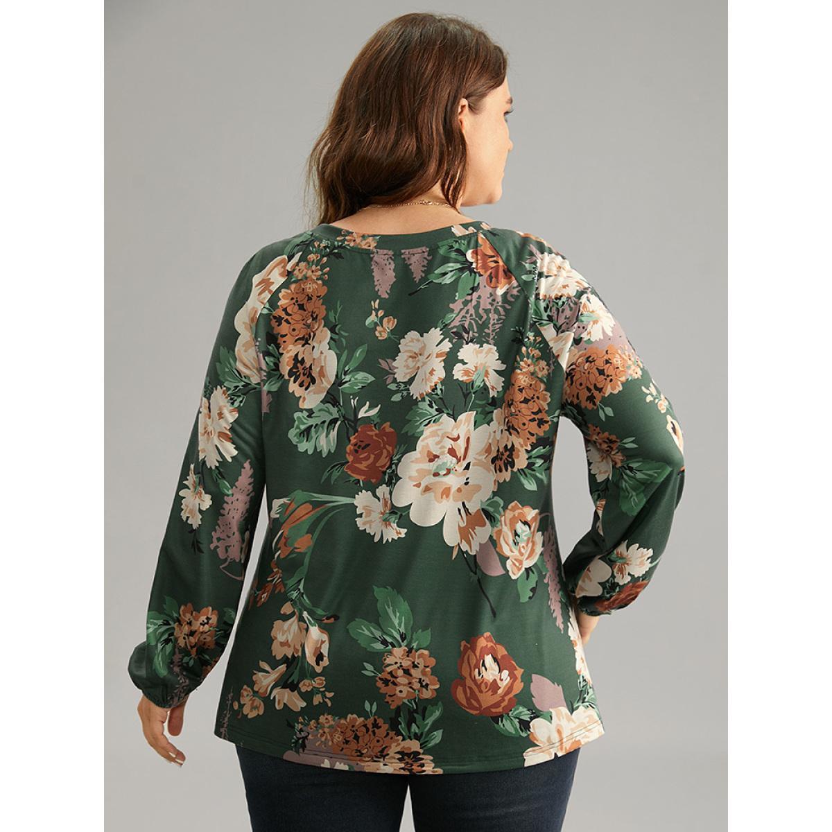 Plus Size Floral Print Pleated Detail Lantern Sleeve T-shirt DarkGreen Women Elegant Elastic cuffs Floral Round Neck Everyday T-shirts BloomChic 28/5X Product Image