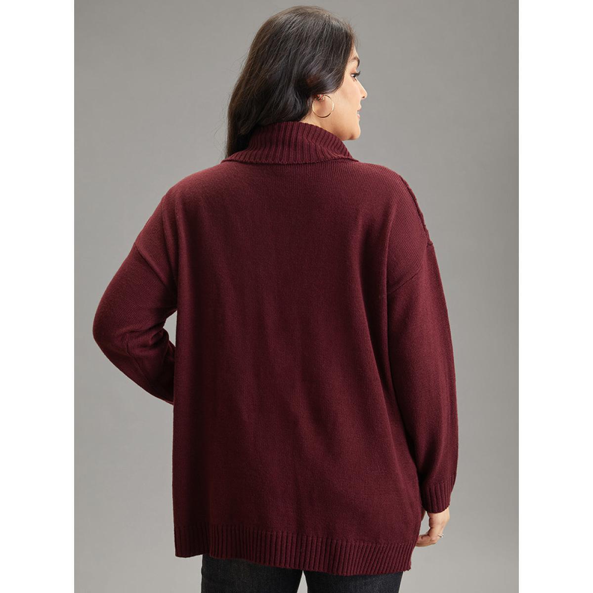 Plus Size Cable Knit Patched Pocket Turtle Neck Pullover Burgundy Women Casual Loose Long Sleeve Turtleneck Dailywear Pullovers BloomChic 14-16/1X Product Image