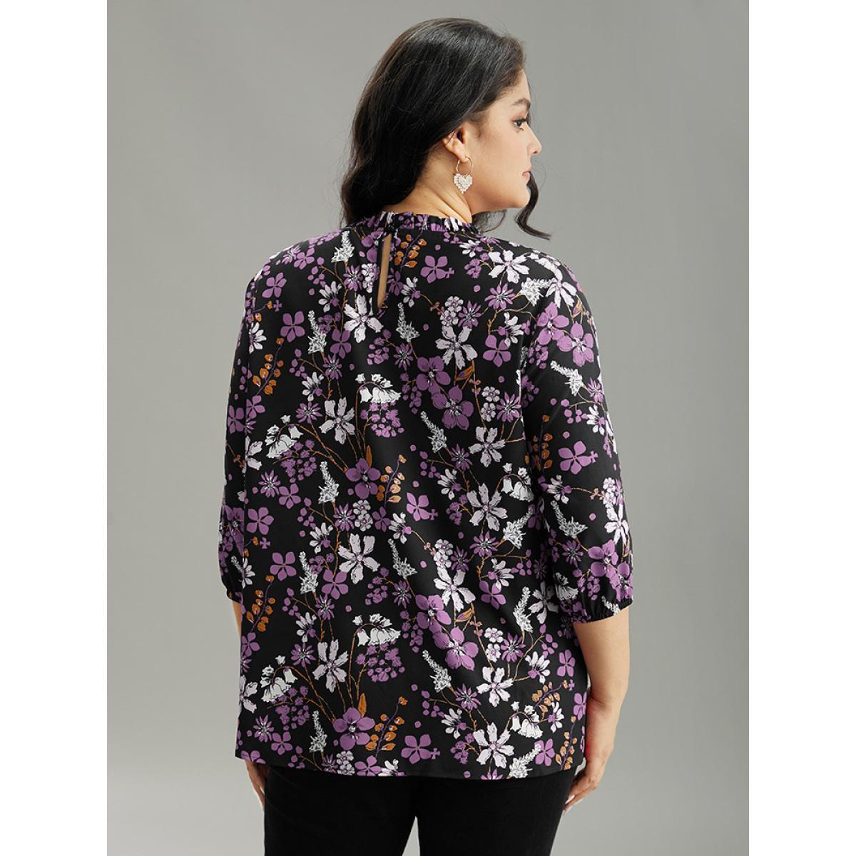 Plus Size Purple Floral Print Frill Trim Cut Out Blouse Women Elegant Elbow-length sleeve Round Neck Everyday Blouses BloomChic 26/4X Product Image
