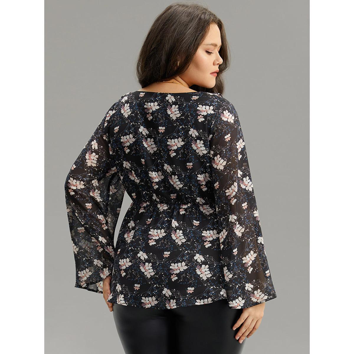 Plus Size BlackFlower Ditsy Floral Ties Ruffles Elastic Waist Blouse Women Elegant Long Sleeve V-neck Dailywear Blouses BloomChic 26/4X Product Image