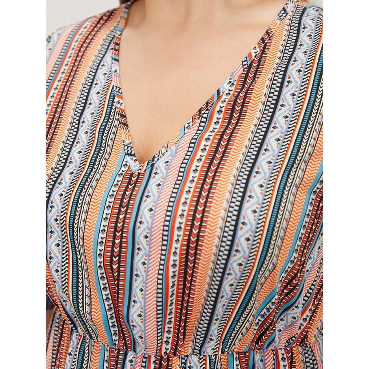 Plus Size Rainbow Striped Pocket Cold Shoulder Dress Multicolor Women Vacation V-neck Short sleeve Curvy Midi Dress BloomChic 30/6X Product Image