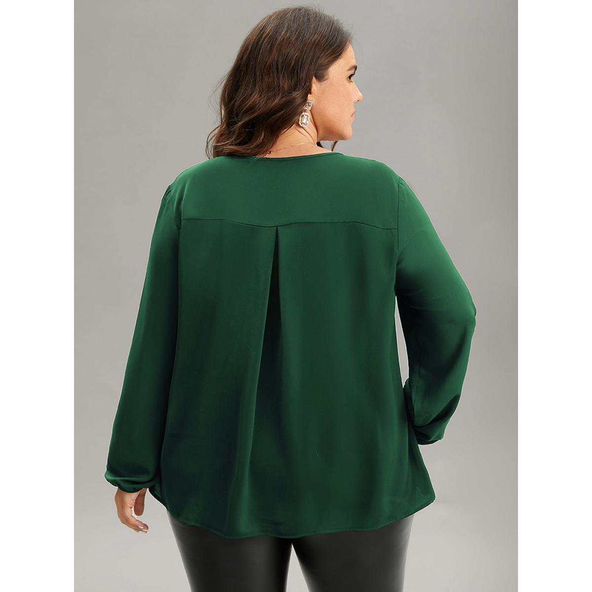 Plus Size DarkGreen Sequin Tassel Trim Patchwork Lantern Sleeve Blouse Women Glamour Long Sleeve Round Neck Party Blouses BloomChic 14-16/1X Product Image