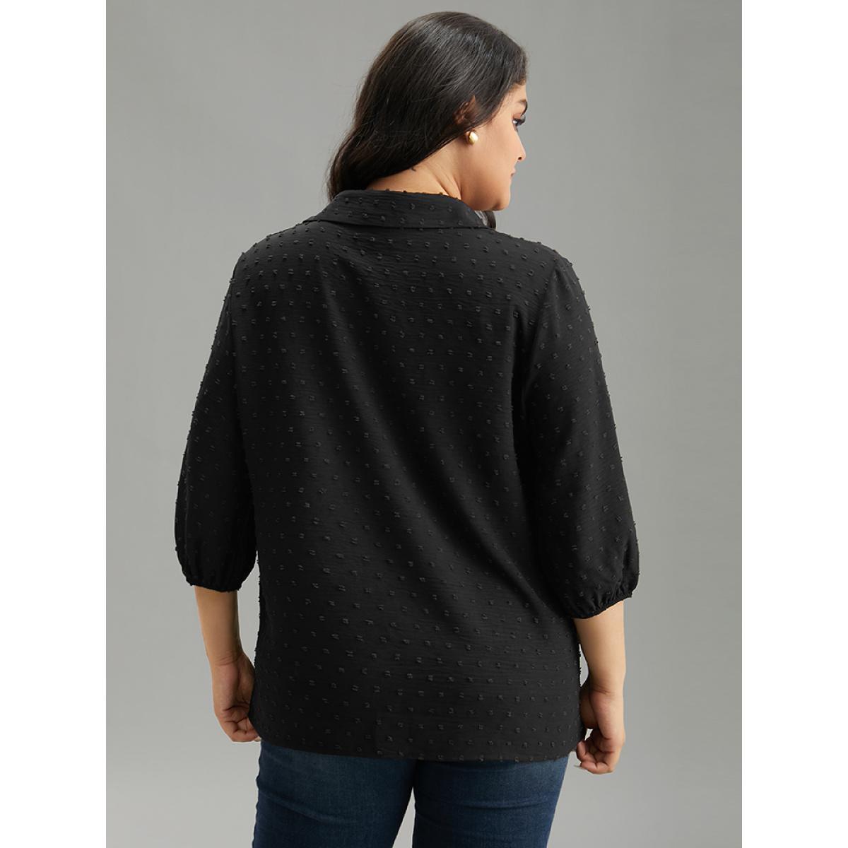 Plus Size Black Plisse Polka Dot Elastic Cuffs Blouse Women Office Elbow-length sleeve Shirt collar Work Blouses BloomChic 18-20/2X Product Image