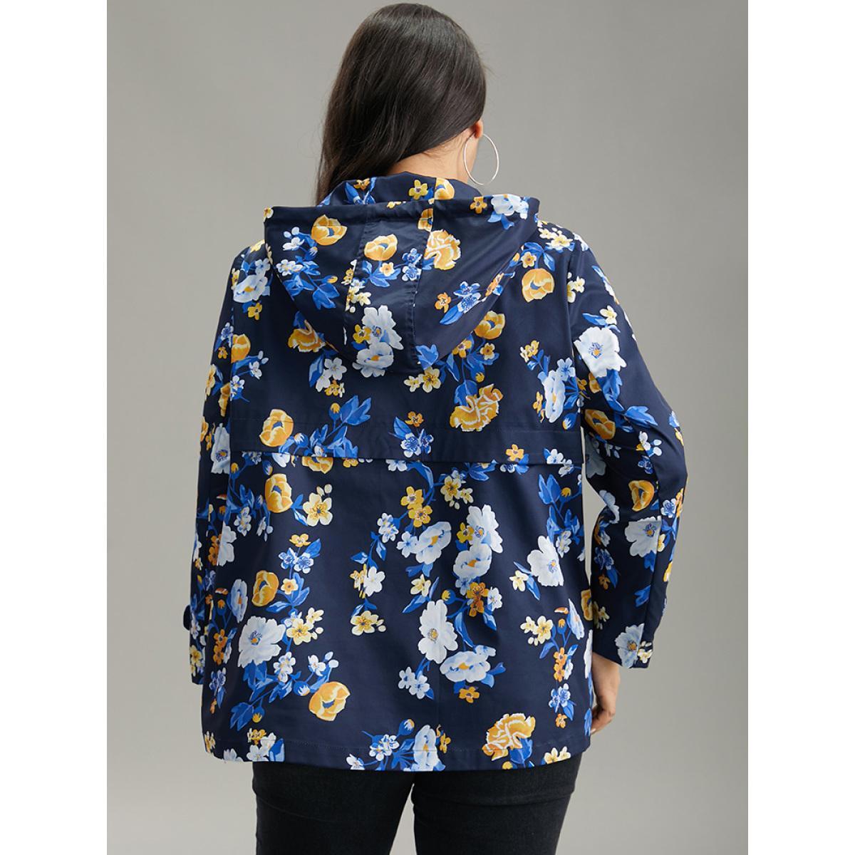 Plus Size Boho Print Drawstring Hooded Zipper Jacket Women Indigo Printed Pocket Dailywear Jackets BloomChic 28/5X Product Image