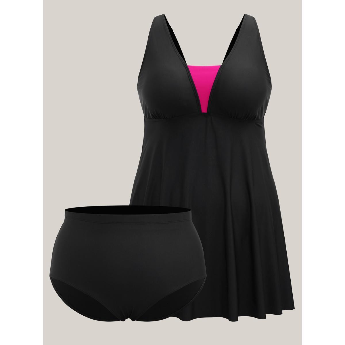 Plus Size V Neck Color Contrast Swim Dress Women's Swimwear Black Beach Bodycon V-neck High stretch Curve Swim Dresses BloomChic 26/4X Product Image