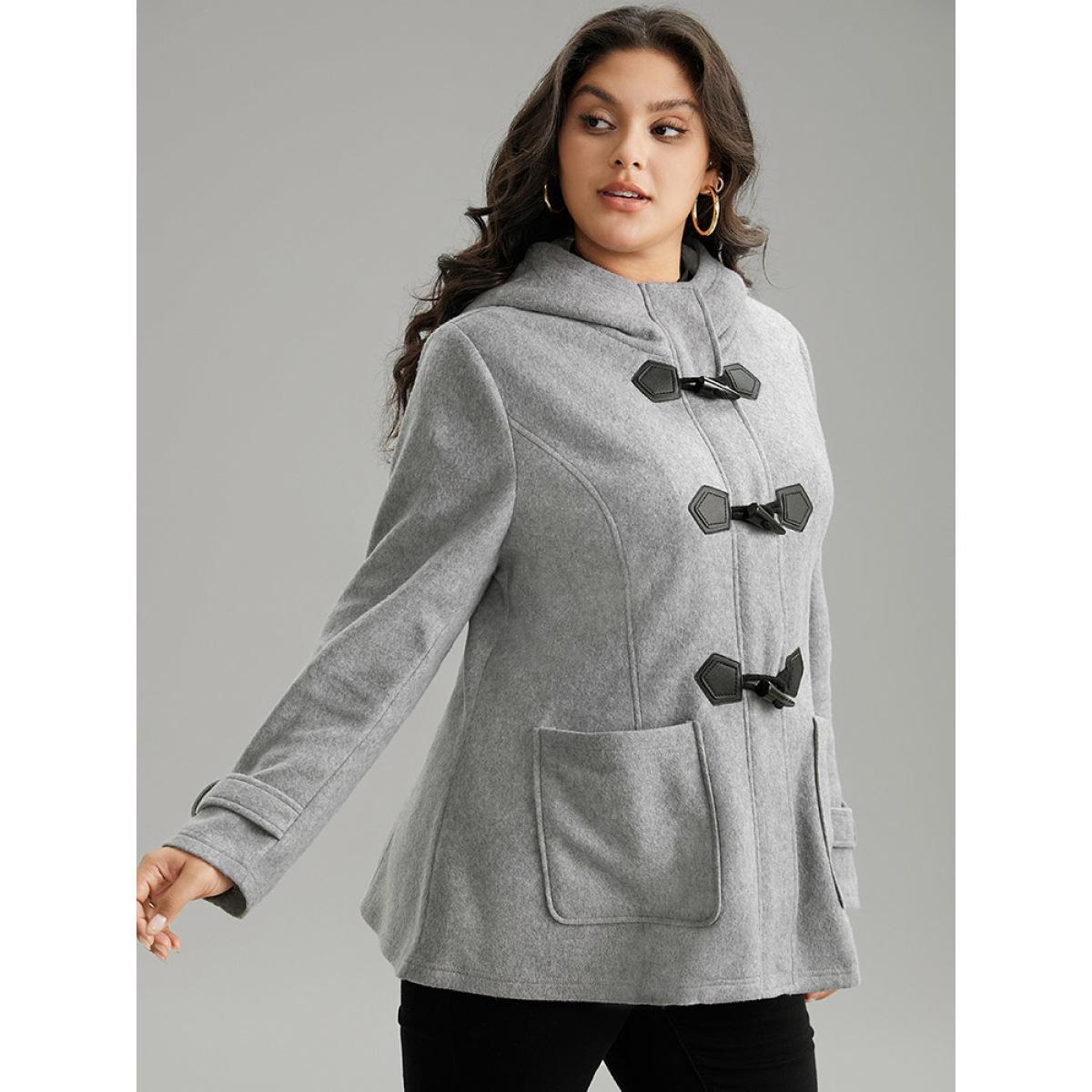Plus Size Solid Duffle Button Pocket Hooded Coat Women DimGray Casual Plain Ladies Dailywear Winter Coats BloomChic 12/L Product Image