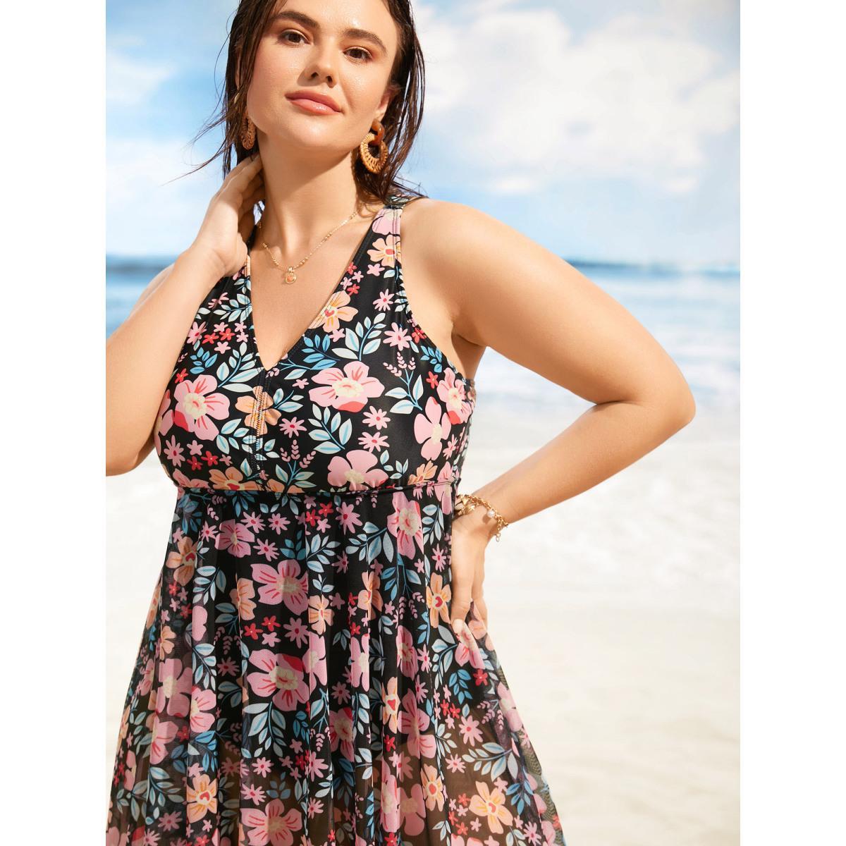 Plus Size V Neck Natural Flowers Mesh Swim Dress Women's Swimwear Multicolor Beach Bodycon V-neck High stretch Curve Swim Dresses BloomChic 14-16/1X Product Image
