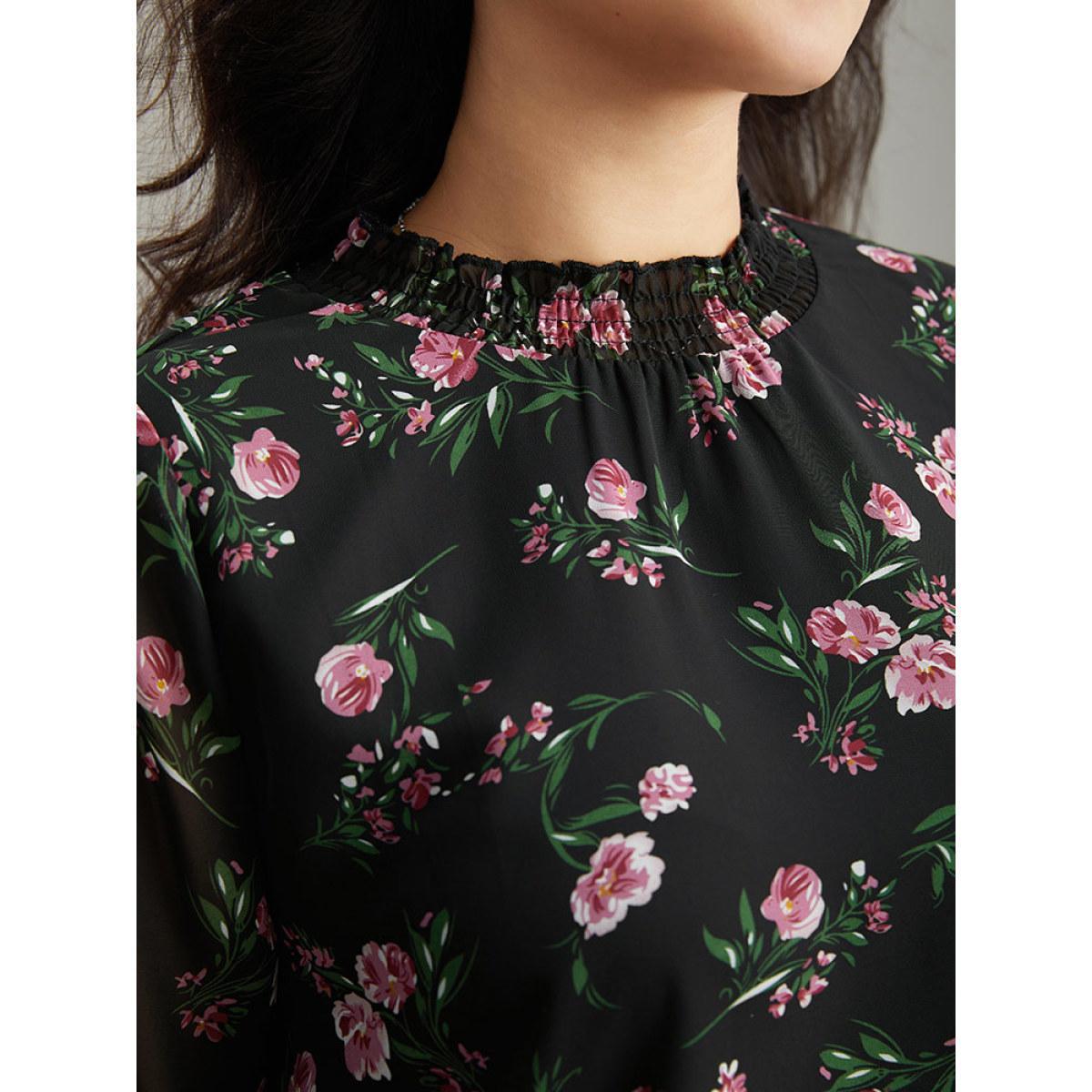 Plus Size Black Chiffon Floral Frill Trim Mesh Patchwork Blouse Women Elegant Long Sleeve Round Neck Dailywear Blouses BloomChic 12/L Product Image