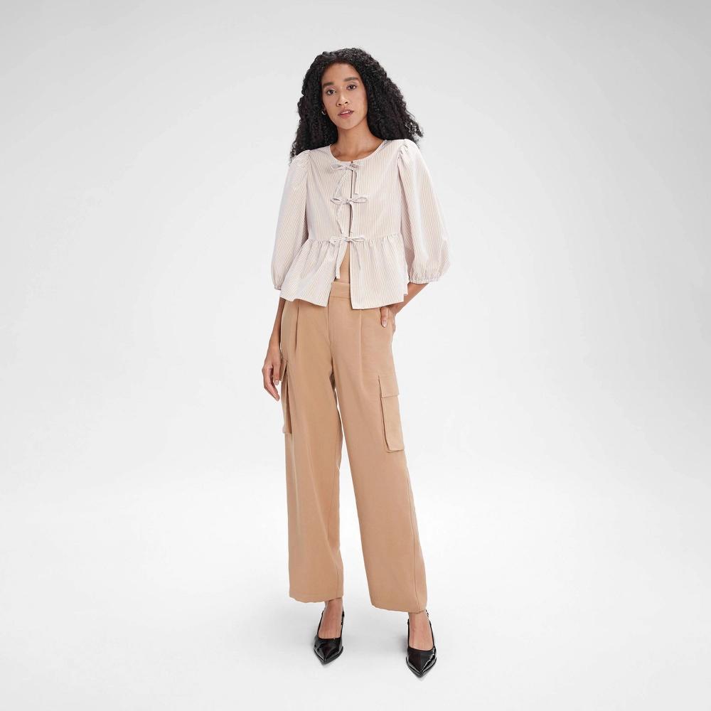 Women's Balloon 3/4 Sleeve Tie-Front Blouse - A New Day™ Cream Striped XXL Product Image