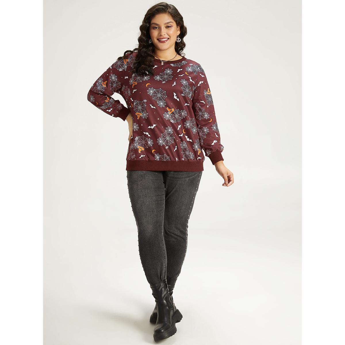 Plus Size Halloween Print Elastic Cuffs Round Neck Sweatshirt Women Purple Casual Elastic cuffs Round Neck Dailywear Sweatshirts BloomChic 10/M Product Image