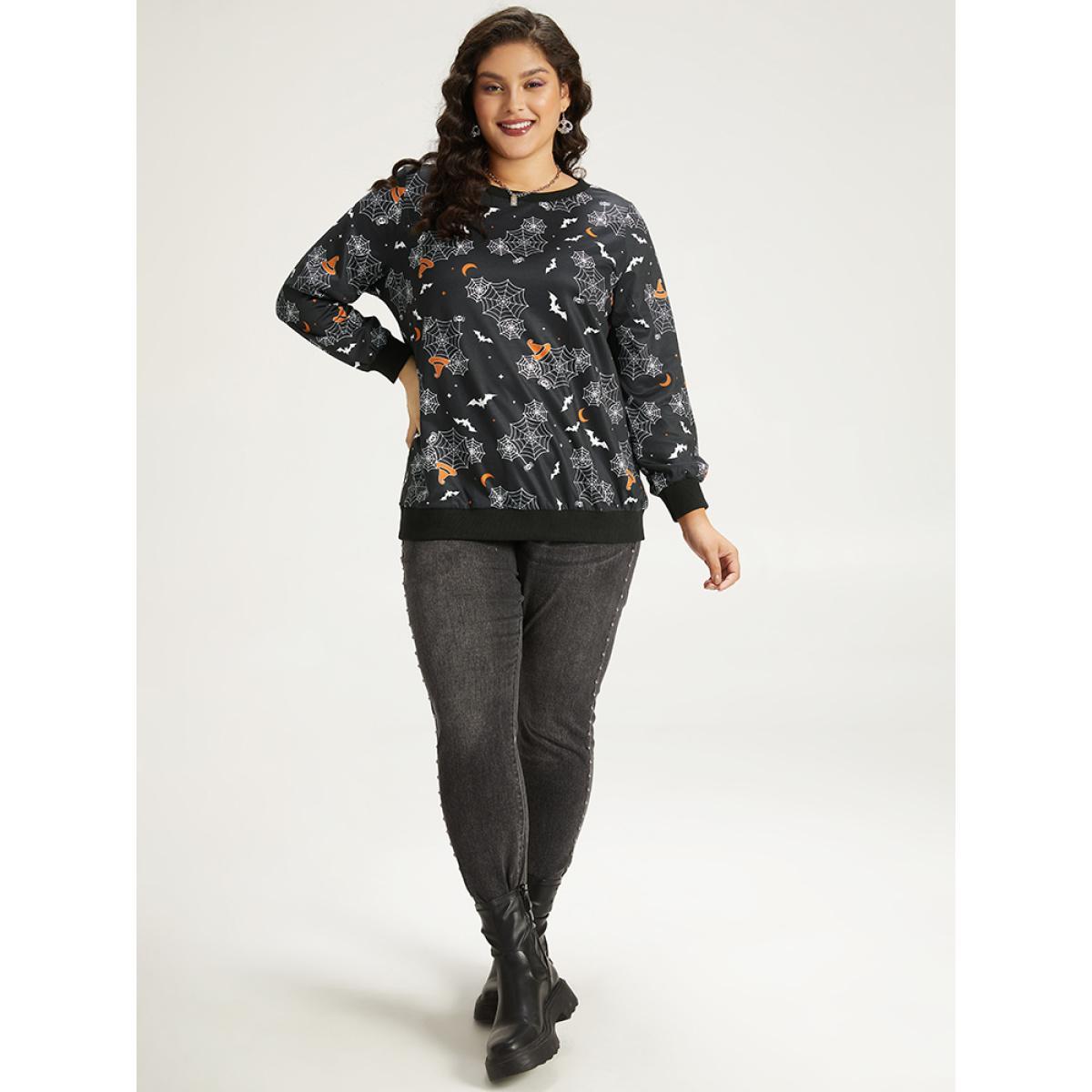 Plus Size Halloween Print Elastic Cuffs Round Neck Sweatshirt Women Black Casual Elastic cuffs Round Neck Dailywear Sweatshirts BloomChic 14-16/1X Product Image