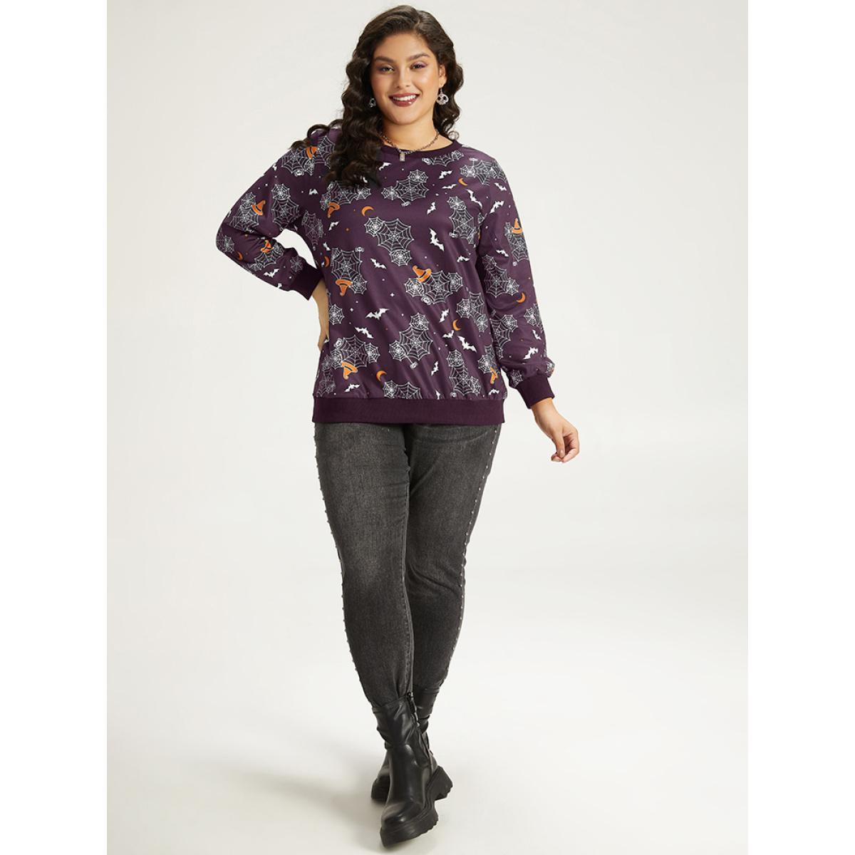 Plus Size Halloween Print Elastic Cuffs Round Neck Sweatshirt Women Purple Casual Elastic cuffs Round Neck Dailywear Sweatshirts BloomChic 10/M Product Image