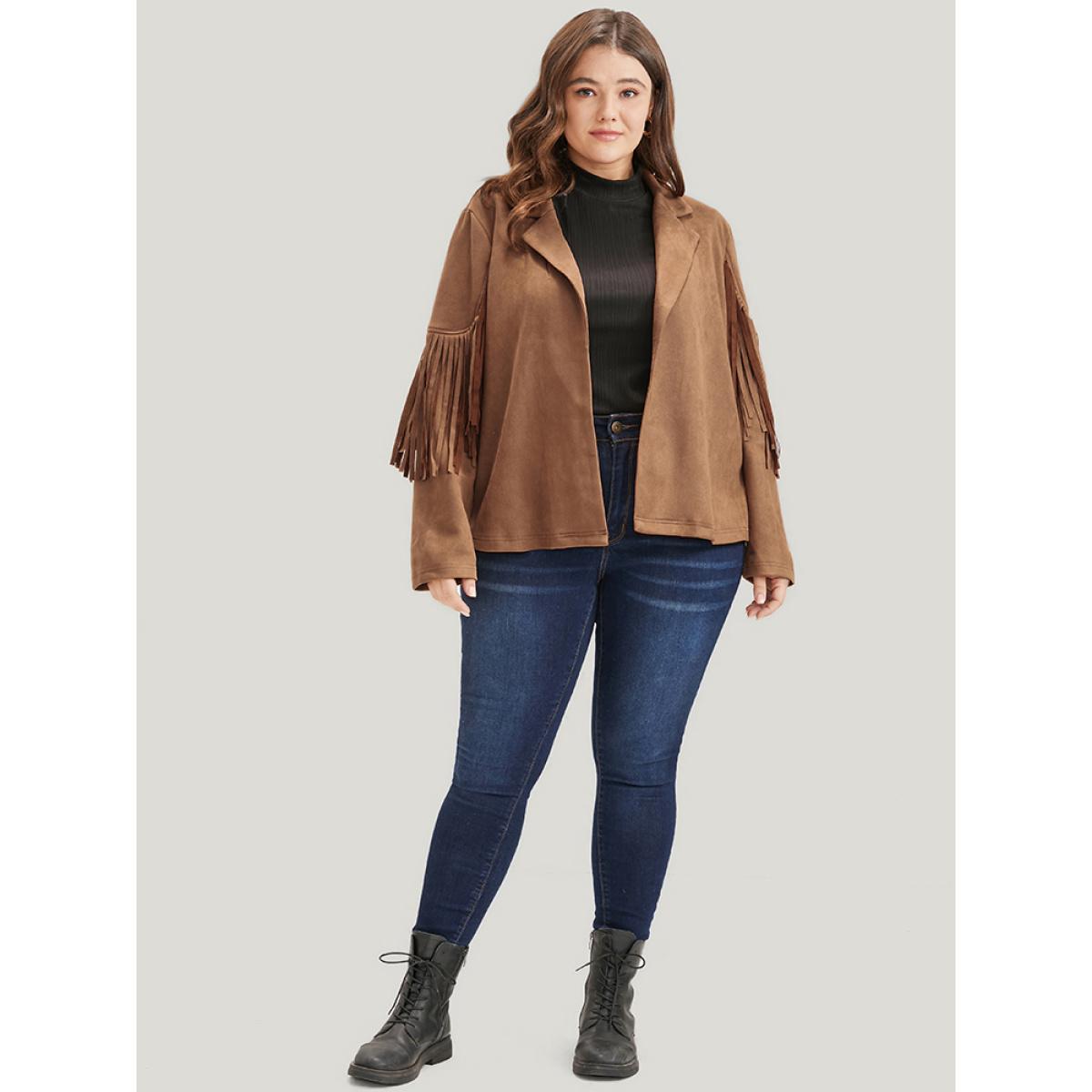Plus Size Solid Fringe Trim Open Front Coat Women Bronze Party Tassels Ladies Going out Winter Coats BloomChic 18-20/2X Product Image