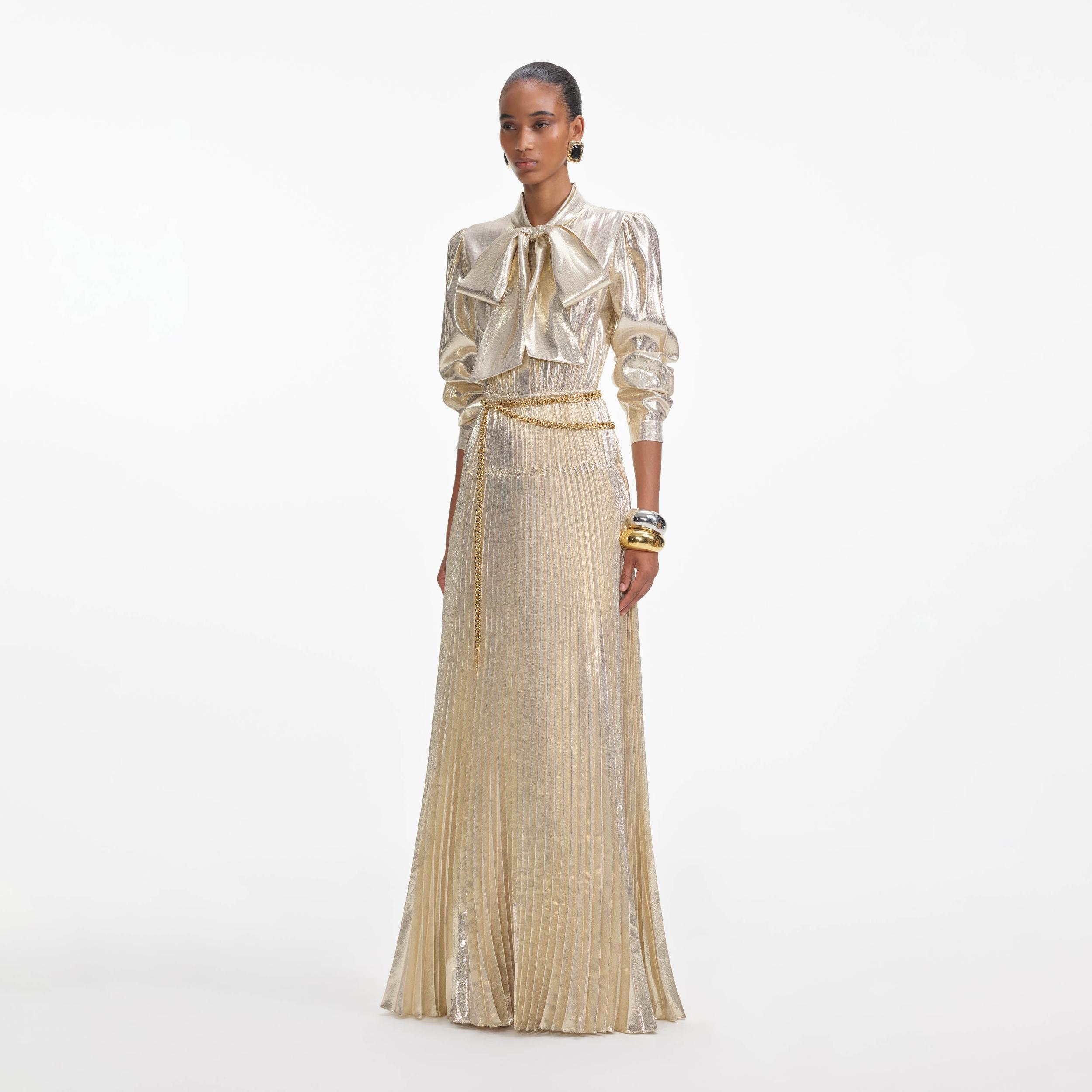 Gold Metallic Pussy Bow Maxi Dress Product Image