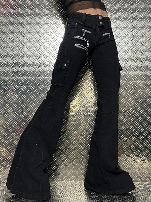 Street Dark Biker Style Flare Jeans Product Image