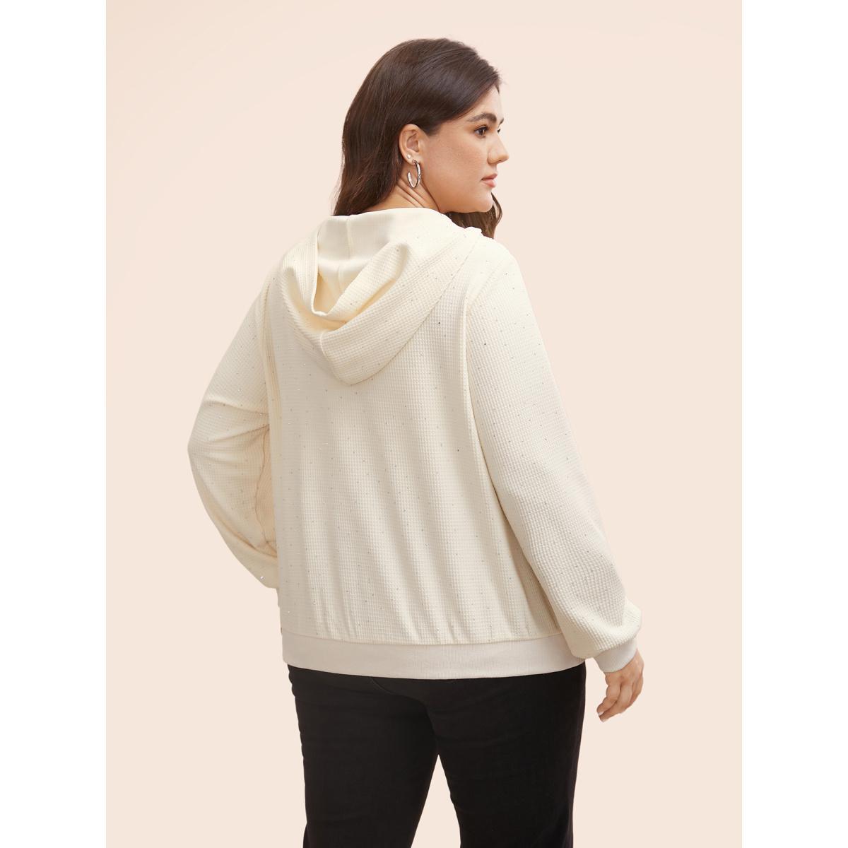 Plus Size Textured Rhinestone Hooded O Ring Zipper Sweatshirt Women Beige Casual Texture Hooded Everyday Sweatshirts BloomChic 12/L Product Image