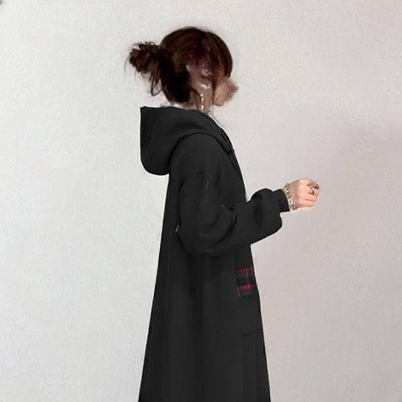Long Sleeve Plaid Panel Hooded Maxi Dress Product Image