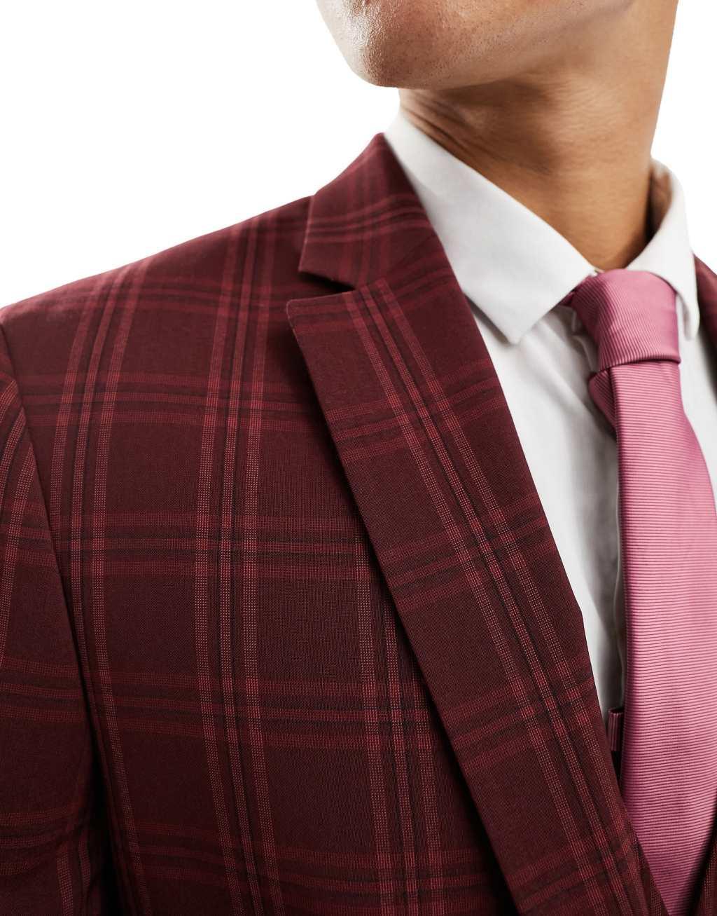 ASOS DESIGN skinny suit jacket in burgundy tonal check Product Image