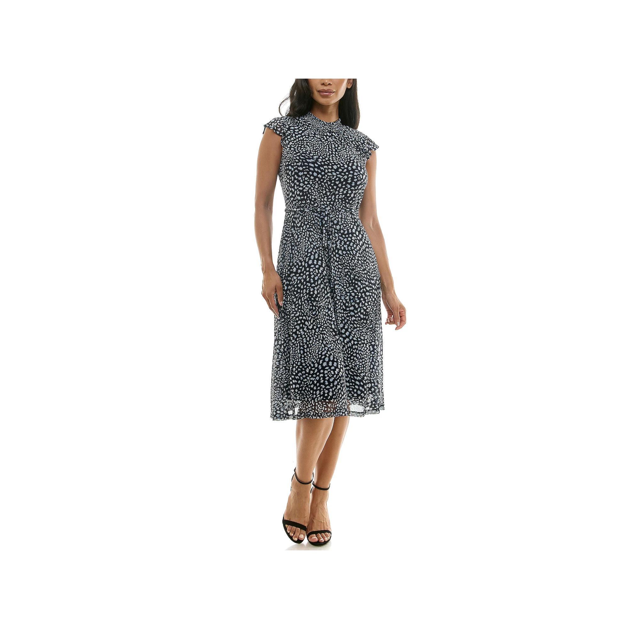 Women's Nina Leonard Smocked Chiffon Mesh Midi Dress, Size: Medium, Navy Blue Product Image