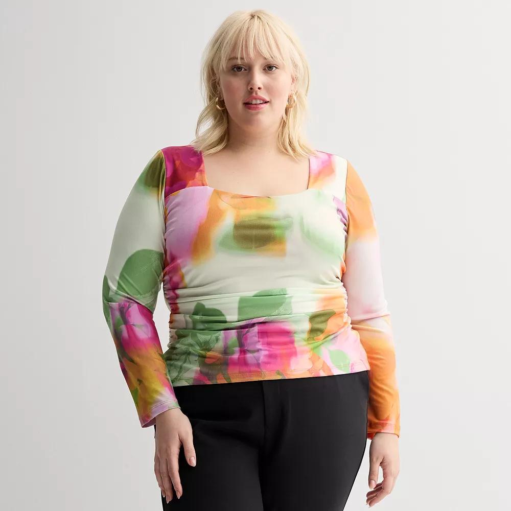Plus Size INTEMPO™ Long Sleeve Square Neck Top, Women's, Size: 1XL, Pink Garden Product Image