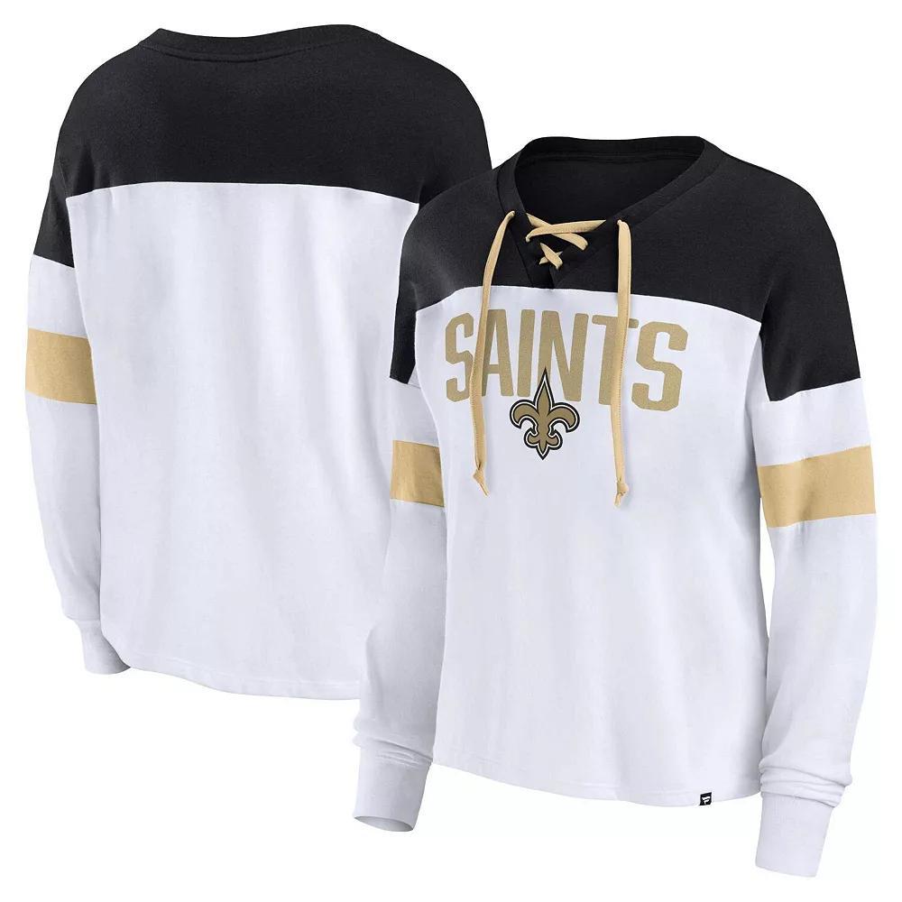 Women's Fanatics Branded White/Black New Orleans Saints Plus Size Even Match Lace-Up Long Sleeve V-Neck T-Shirt, Size: 1XL Product Image
