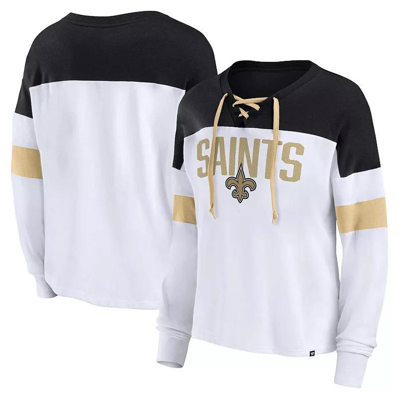 Women's Fanatics Branded White/Black New Orleans Saints Plus Size Even Match Lace-Up Long Sleeve V-Neck T-Shirt, Size: 1XL Product Image