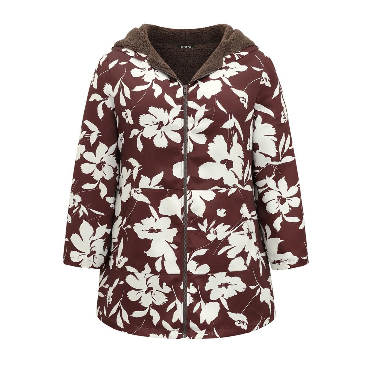 Plus Size Silhouette Floral Print Fuzzy Zipper Hooded Coat Women Scarlet Casual Lined Ladies Dailywear Winter Coats BloomChic 18-20/2X Product Image