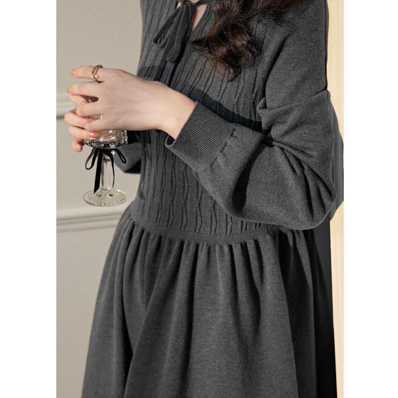 Long Sleeve Tie-Front Plain Knitted Mini A-Line  Dress Product Image