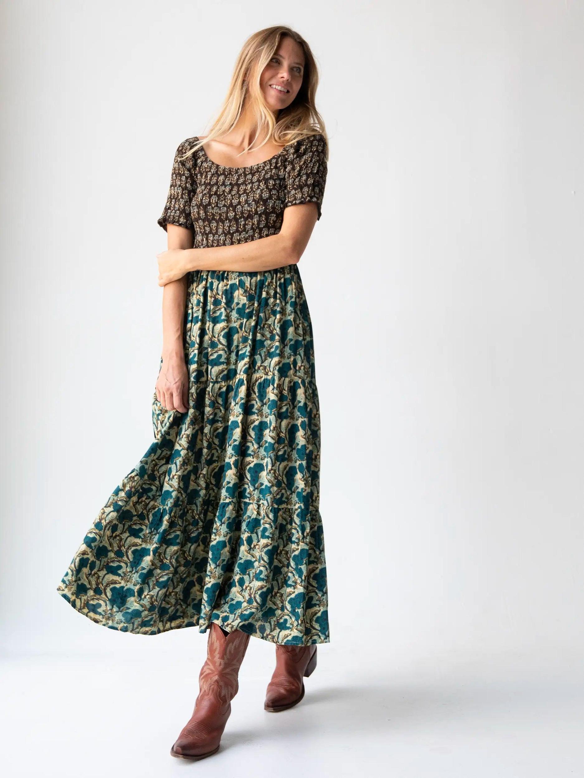 Daisy Tiered Maxi Dress - Teal Dark Brown Mixed Floral Product Image